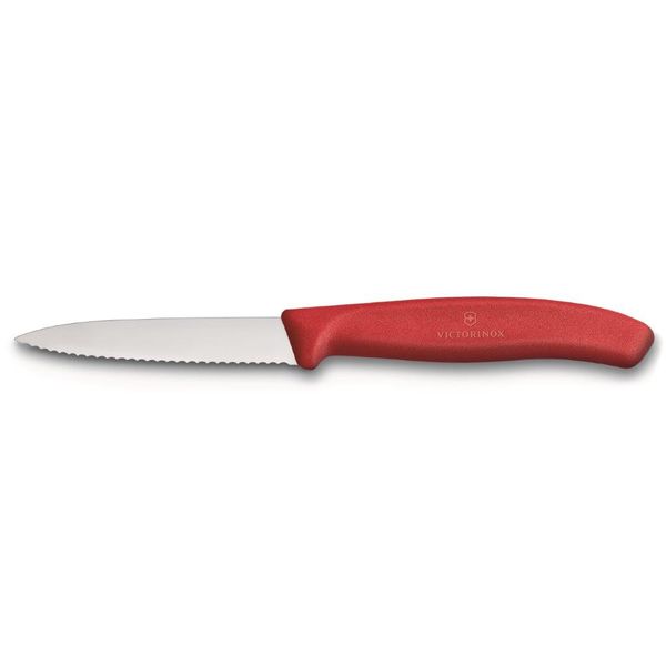 Couteau d'office lame dentelée 8 cm rouge